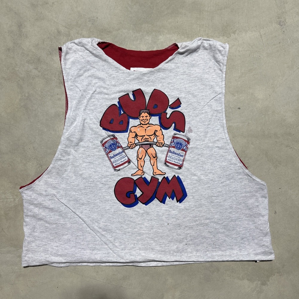 RARE 80s Vintage Budweiser Beer "Bud's Gym" Reversible Graphic Tank Top Men's XL